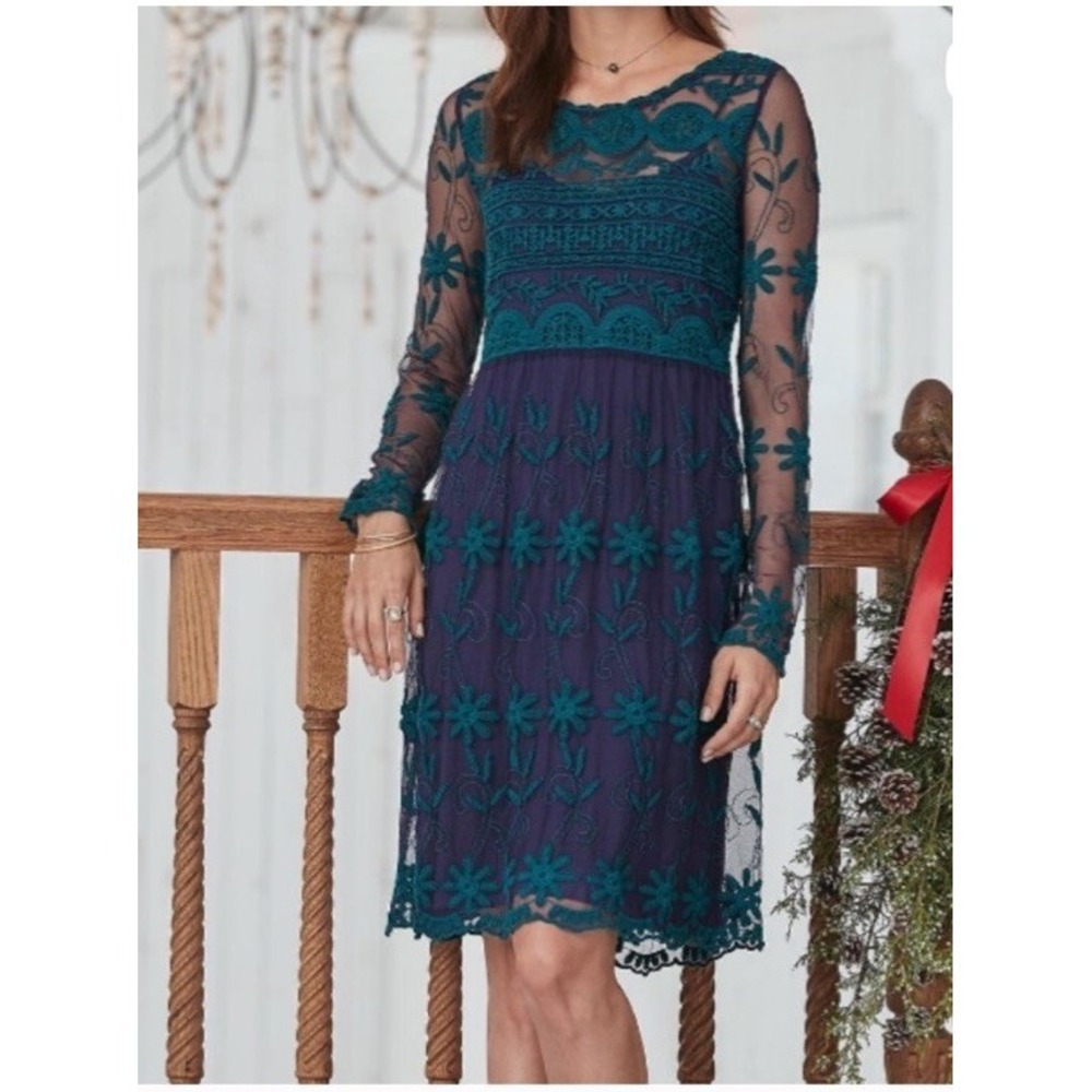 Sundance Midi Dress Small Rhapsody Embroidered Lace Overlay Teal Blue No Liner